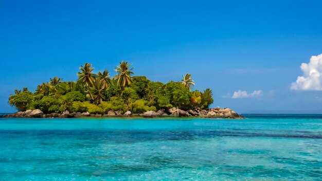 a tropical island with palm trees and a blue sky