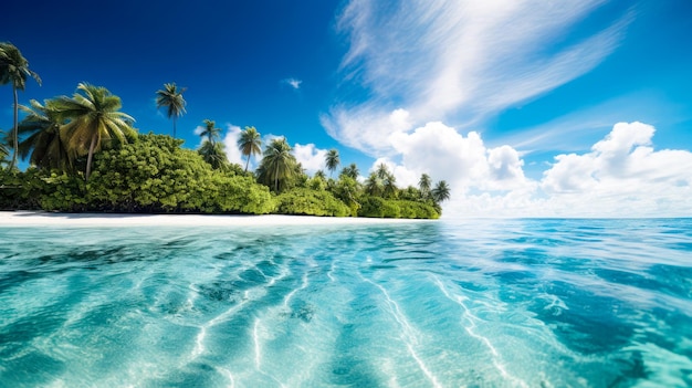 A tropical island with palm trees and a blue sky