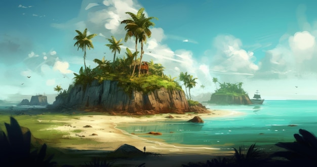 A tropical island with palm trees on it