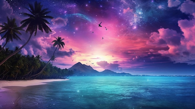 tropical island with palm trees night beach landscape cloud nebula AI generated