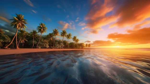 Tropical island with palm trees and sea at sunset generative AI