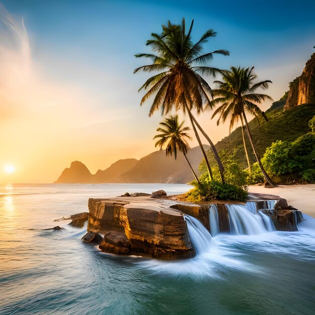 A tropical island with palm trees and a sunset