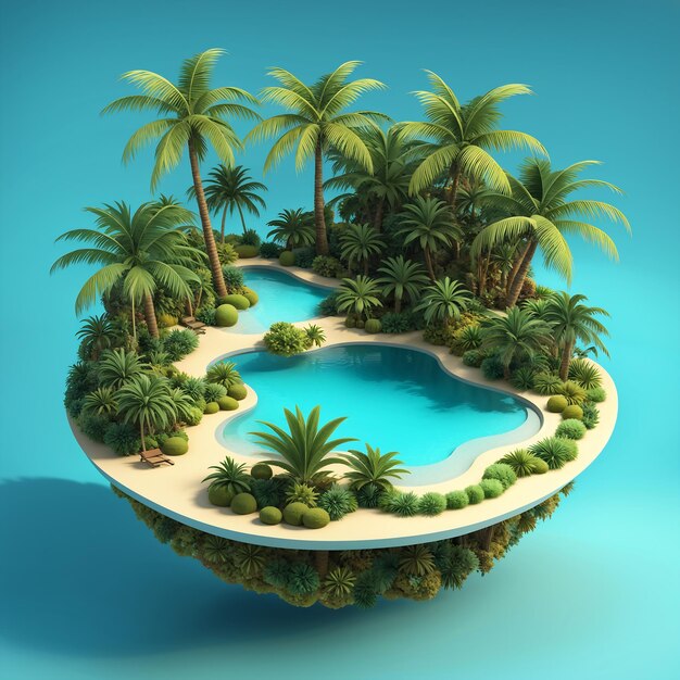 Photo tropical island with palm trees and swimming pool 3d render