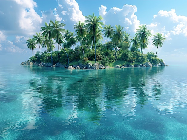 a tropical island with palm trees on the water and a blue sky with clouds in the background