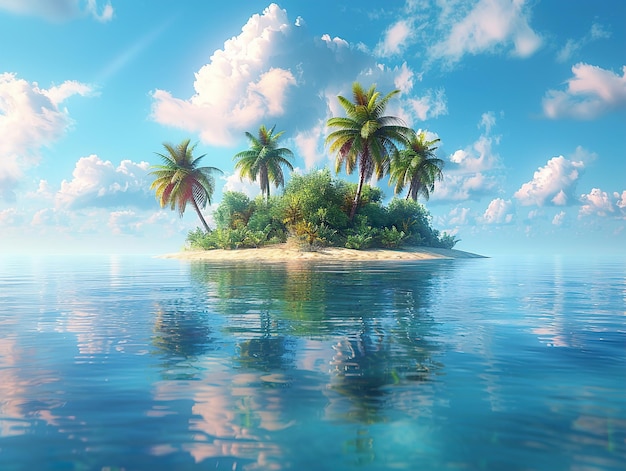 a tropical island with palm trees on the water and a blue sky with clouds