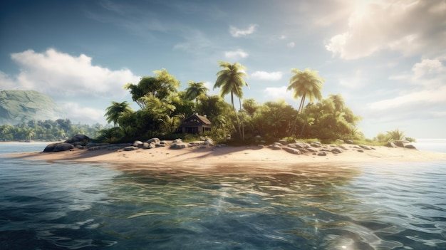 A tropical island with palm trees in the water