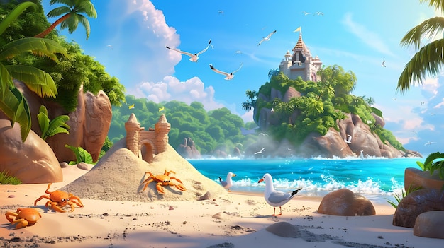 Tropical Island with Sandcastle and Seagulls