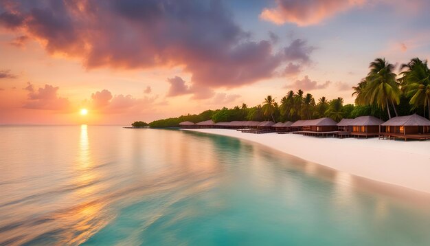 a tropical island with a sunset in the background