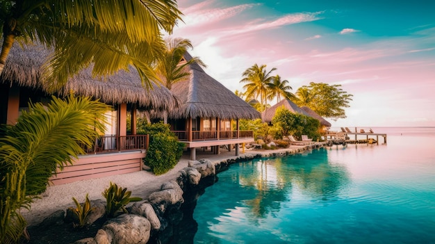 A tropical island with a thatched roof and palm trees