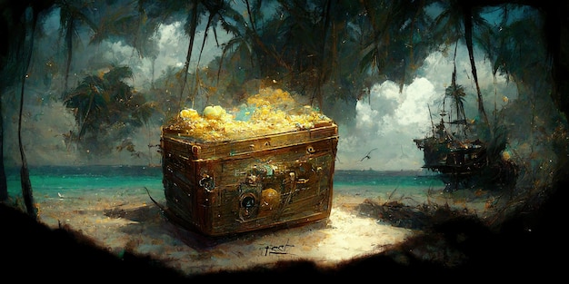 Tropical Island with treasure chest and broken pirate ship. Digital Illustration.