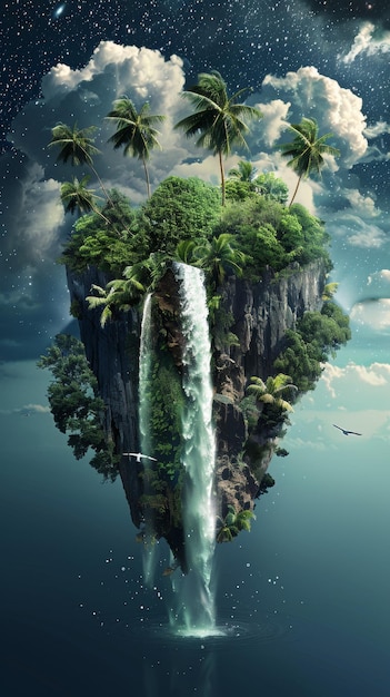 Photo a tropical island with a waterfall in the middle