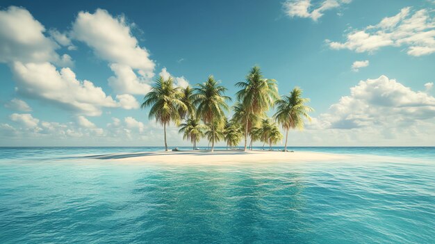 A tropical island with white sand and palm trees in a clear blue ocean