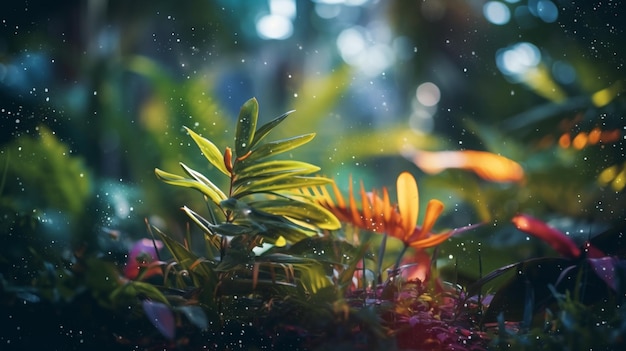 tropical jangle with dark light and glossy dream light effect bokeh light colorful forest