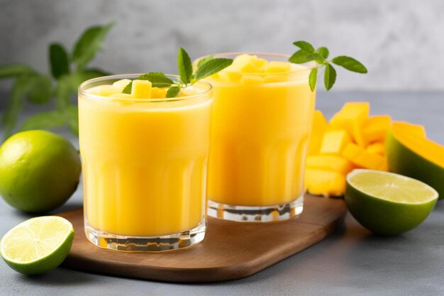 Tropical juice with lemon slice on top