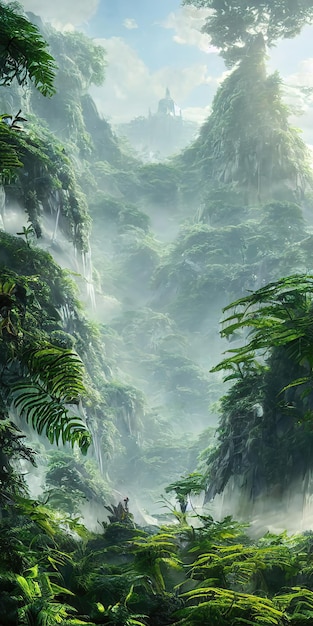 Tropical jungle everything is covered with plants and trees Vertical cliff tropical background 3d illustration