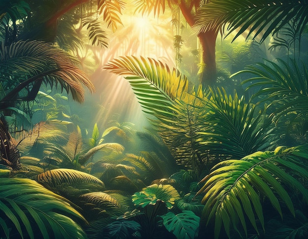 Tropical Jungle Illustration with Vibrant Green Palm Leaves and Ferns