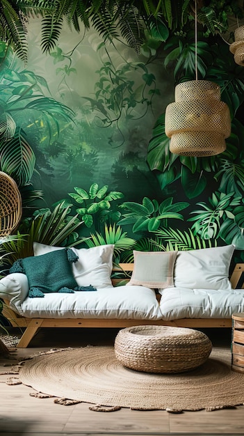 Photo tropical jungle mural with wooden frame mockup in bohemian living room