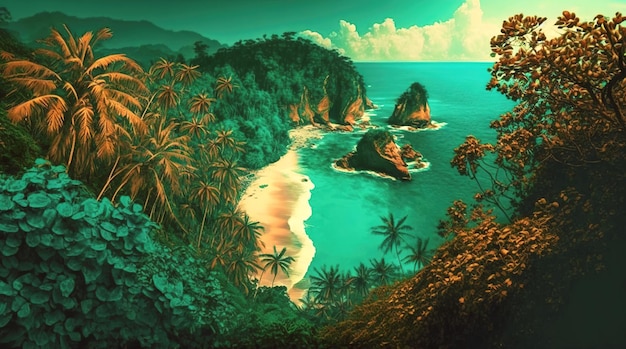 Tropical jungle on the ocean shore Paradise landscape Generative AI