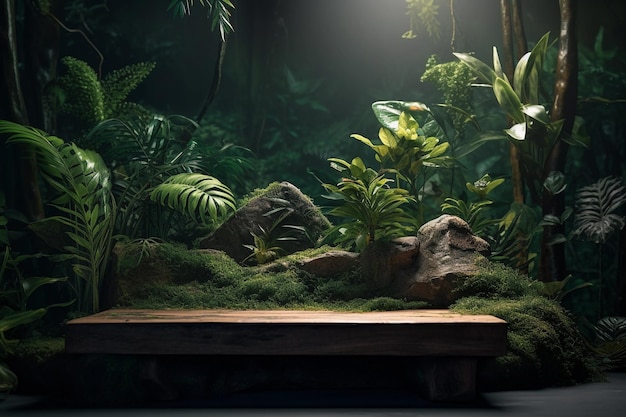 A tropical jungle scene with a plant in the background and a rock in the foreground.