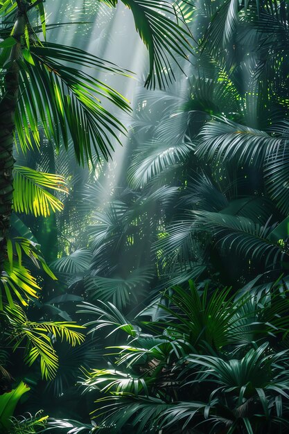 Photo a tropical jungle with palm trees and sunlight