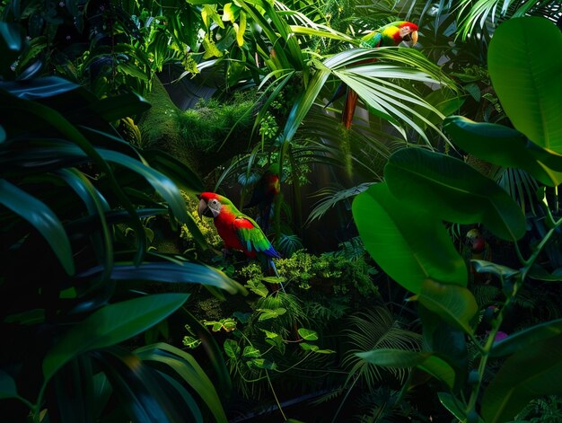 Photo a tropical jungle with parrots and plants and trees