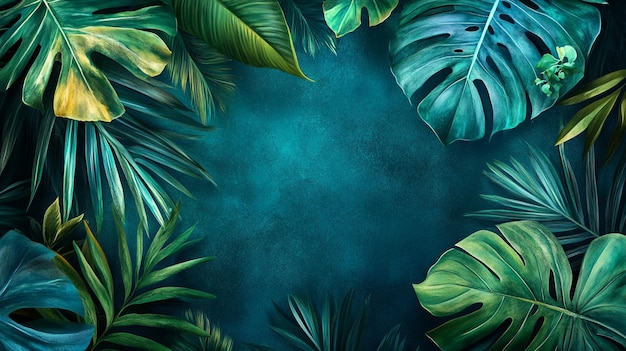 a tropical jungle with tropical leaves and a blue background