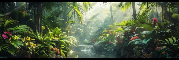 Photo a tropical jungle with a waterfall and a waterfall