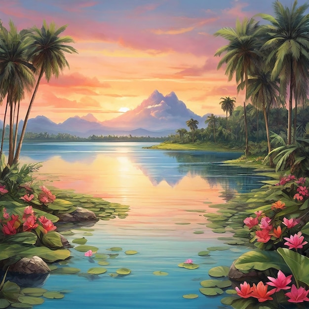 Tropical lake sunset paradise landscape