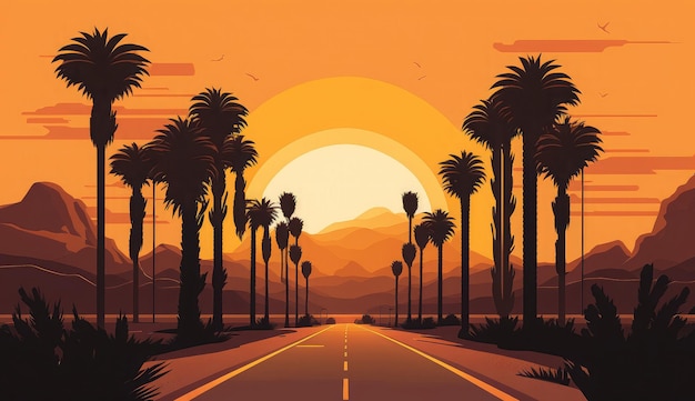 Tropical landscape car road palm trees ai generated