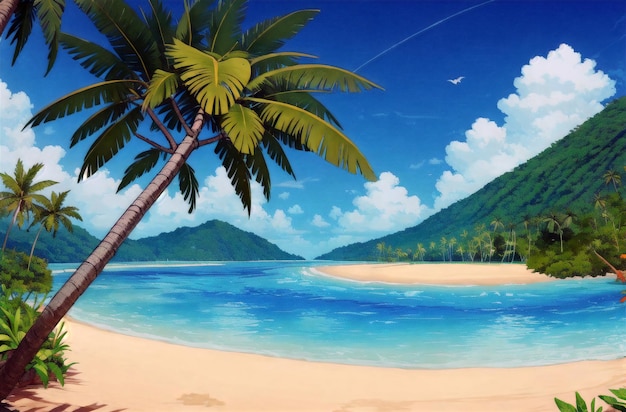 Tropical landscape Tropical island in sunny weather Palm trees ocean sandy beach Generative AI