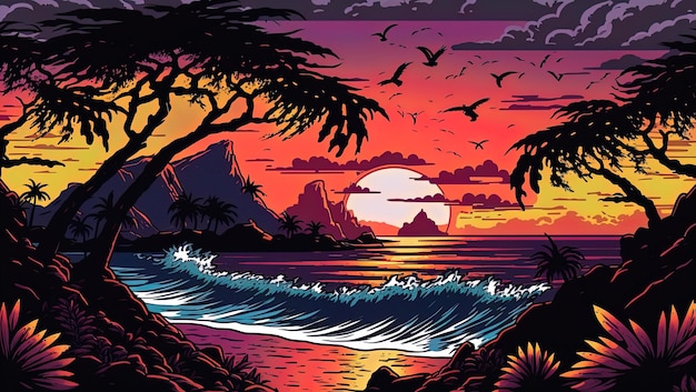 A tropical landscape with mountains and a sunset in the background.