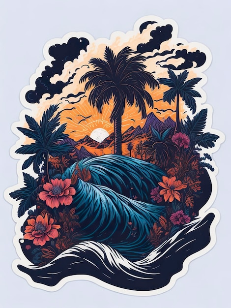 A tropical landscape with a palm tree and a surfboard with a wave in the foreground.