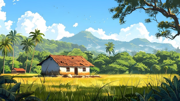 Tropical Landscape with Small House and Palm Trees