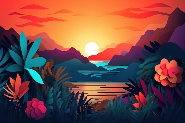 A tropical landscape with a sunset and mountains.