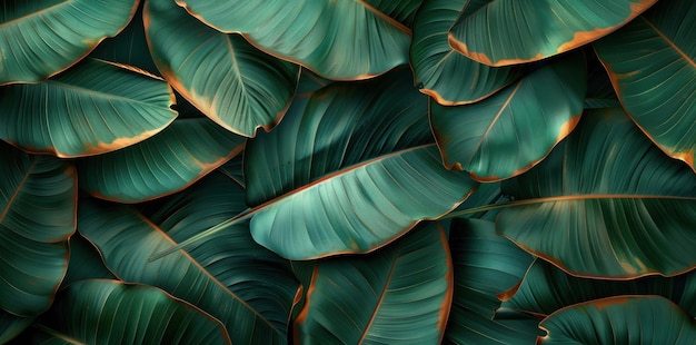 Tropical leaf background abstract texture of large dark green banana palm foliage with copper veins exotic botanical pattern