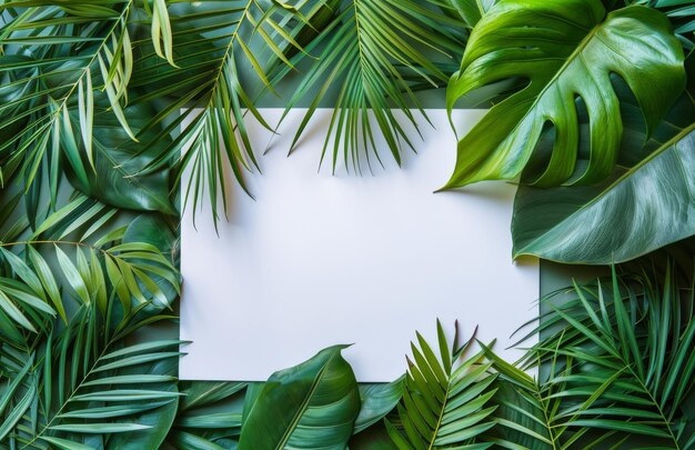 Photo tropical leaf border surrounding white paper