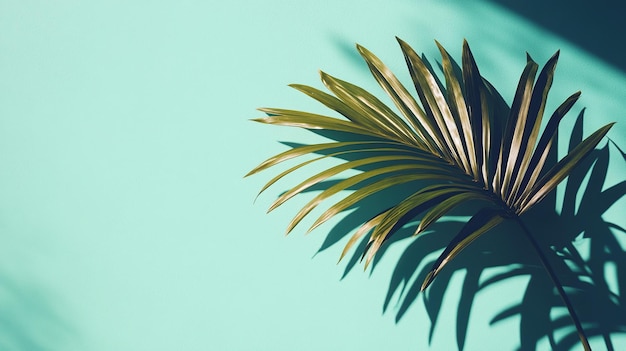 Photo tropical leaf casting a shadow on a teal background