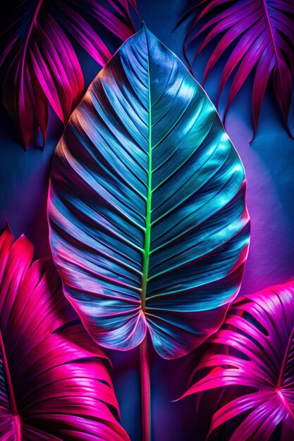 tropical leaf on dark nature background neon glow color toned