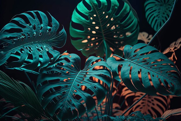 Tropical leaf forest glow in the dark background High contrast