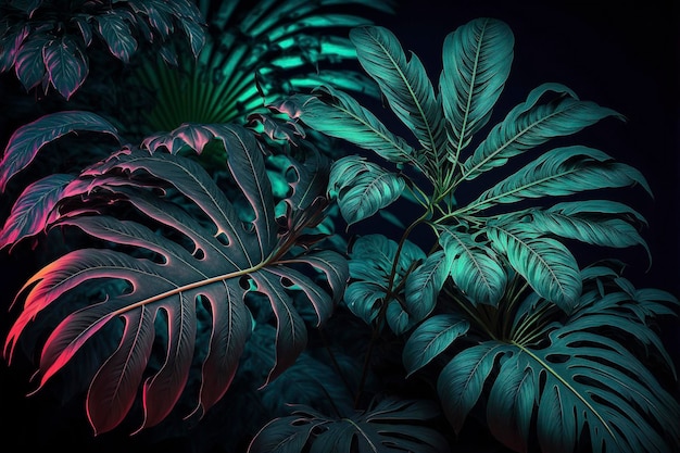 Tropical leaf forest glow in the dark background High contrast