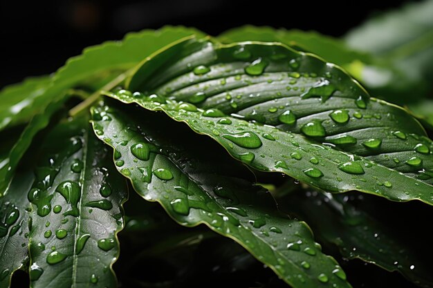 Tropical leaf leaf in obscurity green with rainwater drop in texture abstract generative IA