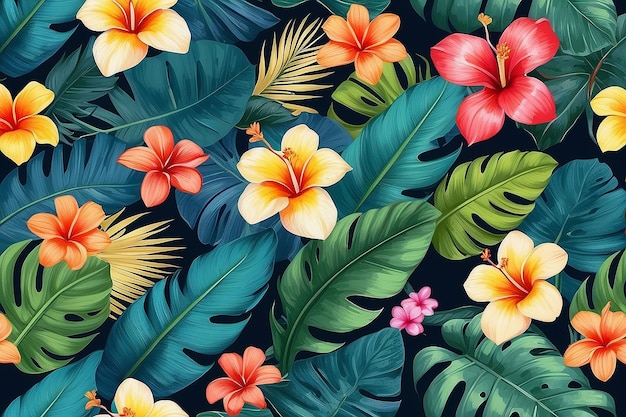 Photo tropical leaf and many flowers seamles pattern