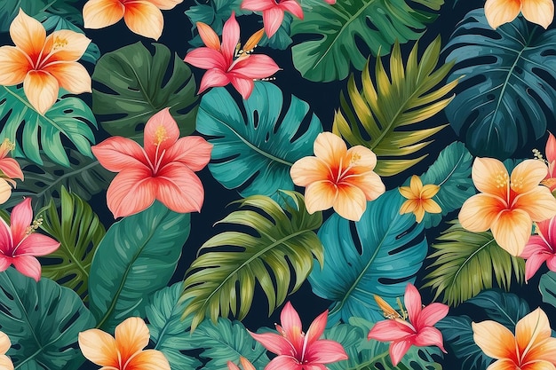 Photo tropical leaf and many flowers seamles pattern