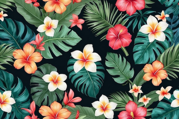 Photo tropical leaf and many flowers seamles pattern