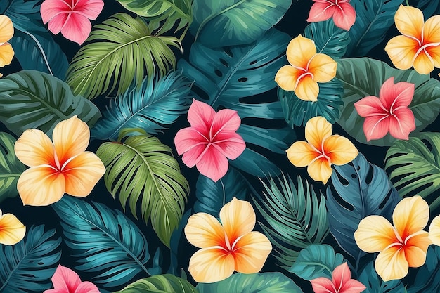 Photo tropical leaf and many flowers seamles pattern