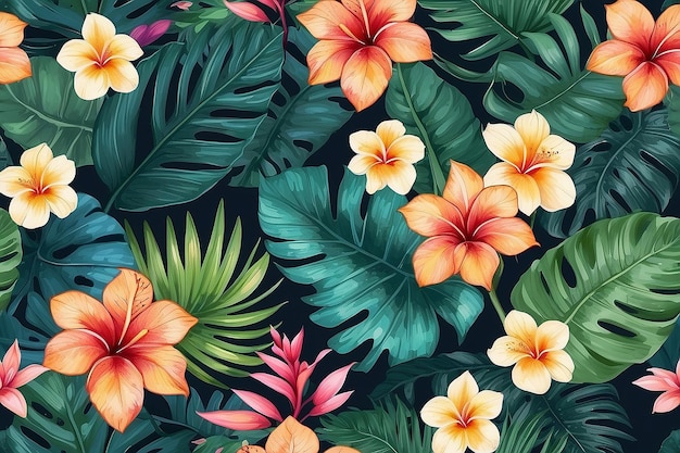 Photo tropical leaf and many flowers seamles pattern