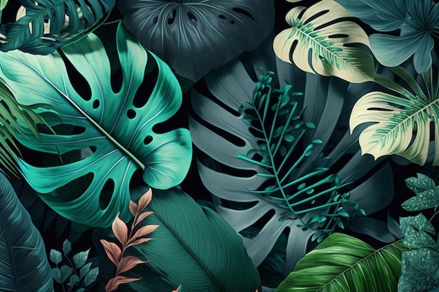 A tropical leaf pattern with a black background.