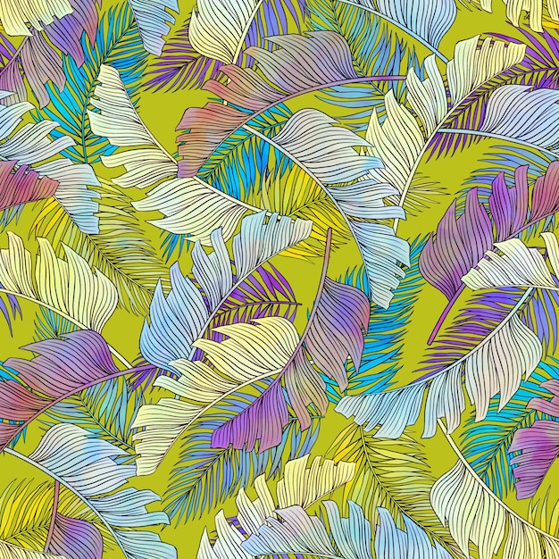 Photo tropical leaf seamless pattern colorful vivid print with beautiful palm jungle leaves repeated luxury design for packaging cosmetic fashion textile wallpaper realistic high quality illustration