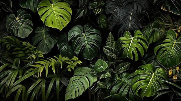 Tropical leaves background Dark green jungle leaves Vector illustration Generate Ai