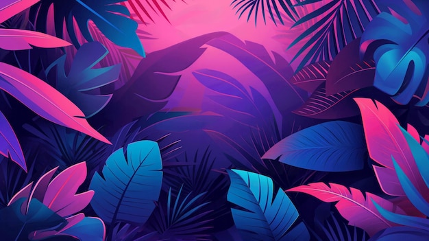 Tropical Leaves Background Vibrant Pink and Blue Foliage